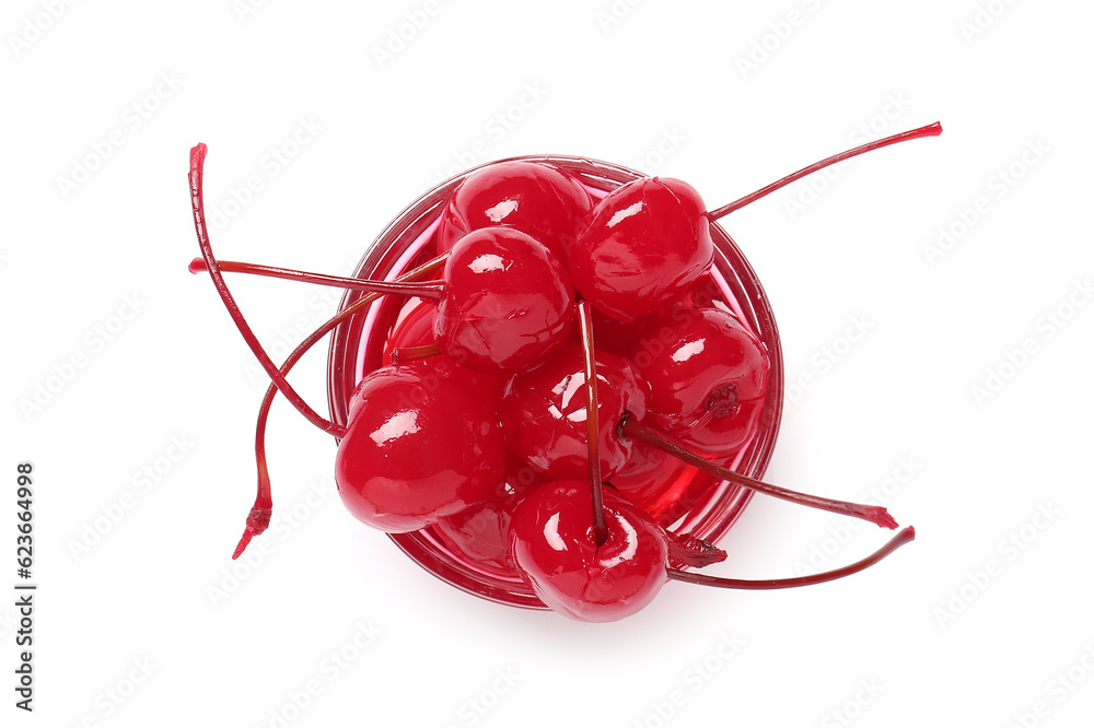 Bowl with tasty maraschino cherries on white background