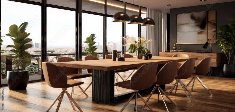 Interior design of modern dining room, wooden table and brown chairs. Generative AI