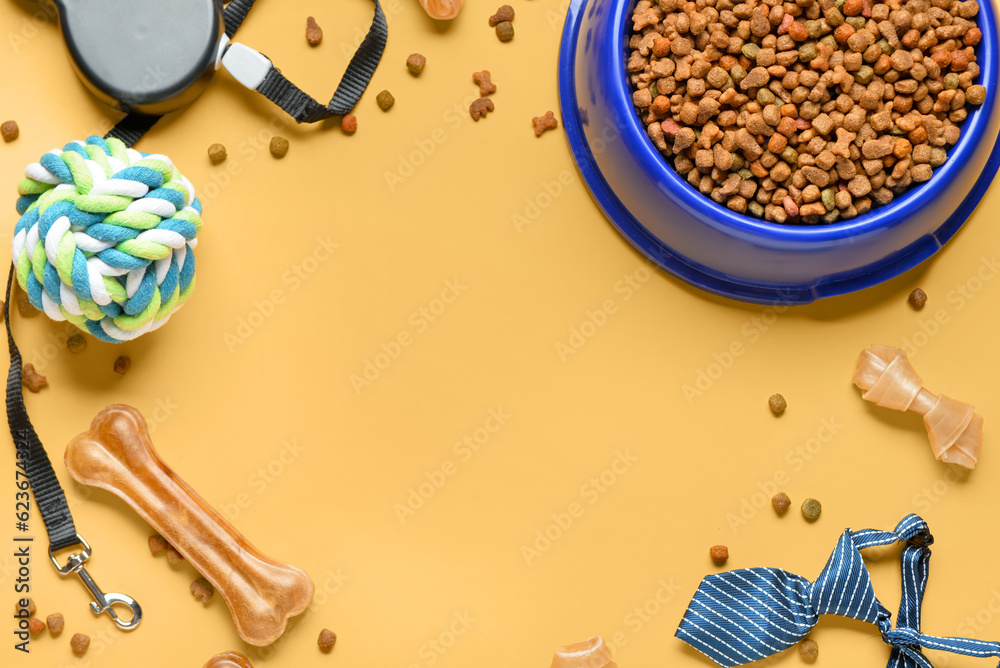 Frame made of different dog food and pet care accessories on color background