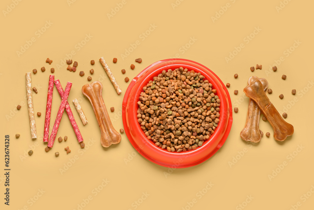 Composition with dog treats and dry food on color background