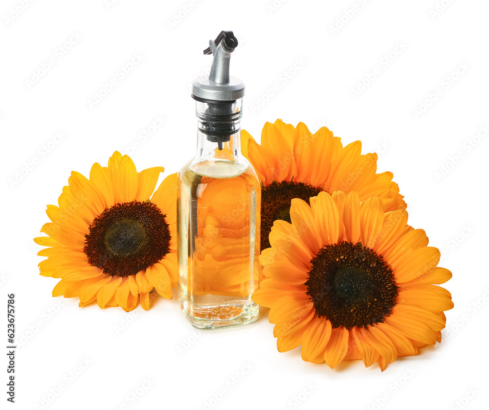 Bottle of sunflower oil on white background