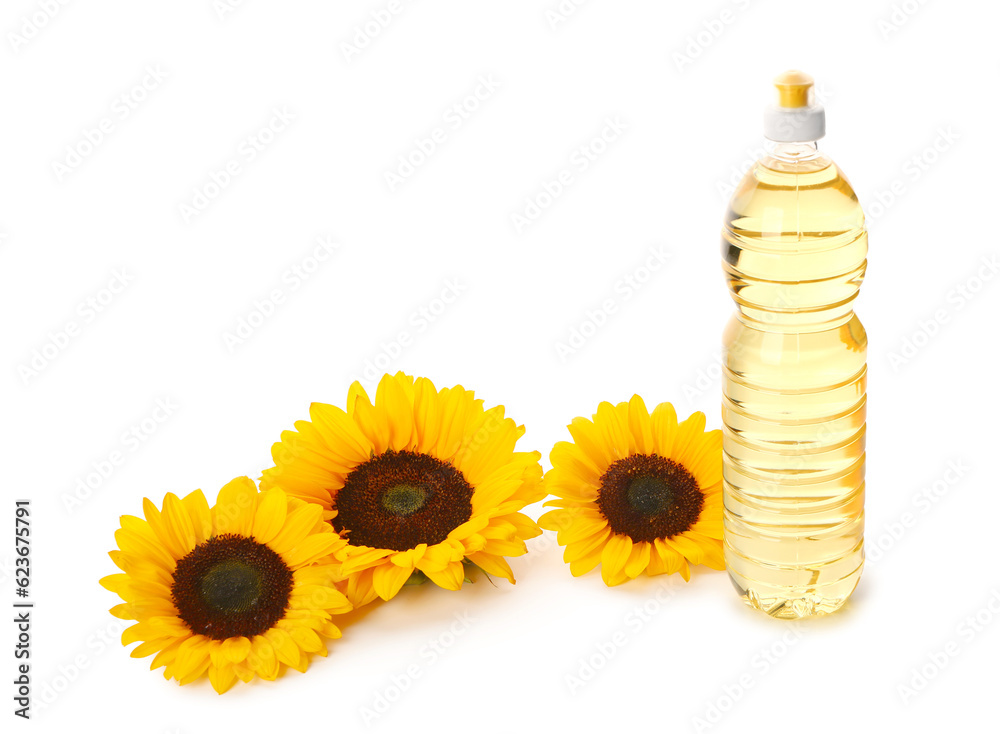 Bottle of sunflower oil on white background