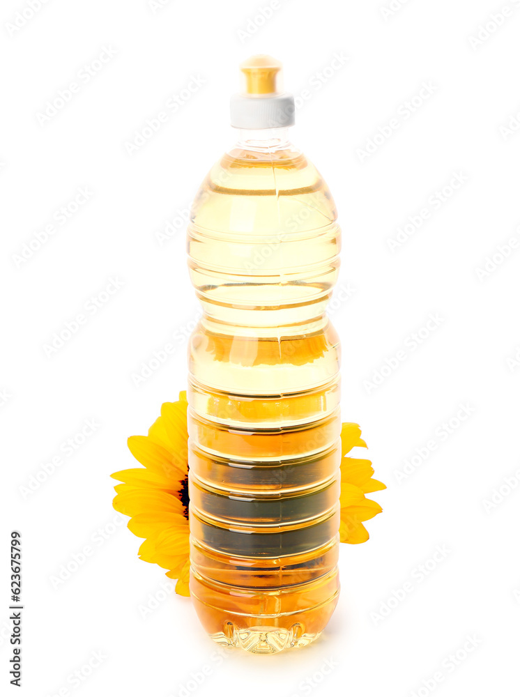 Bottle of sunflower oil on white background