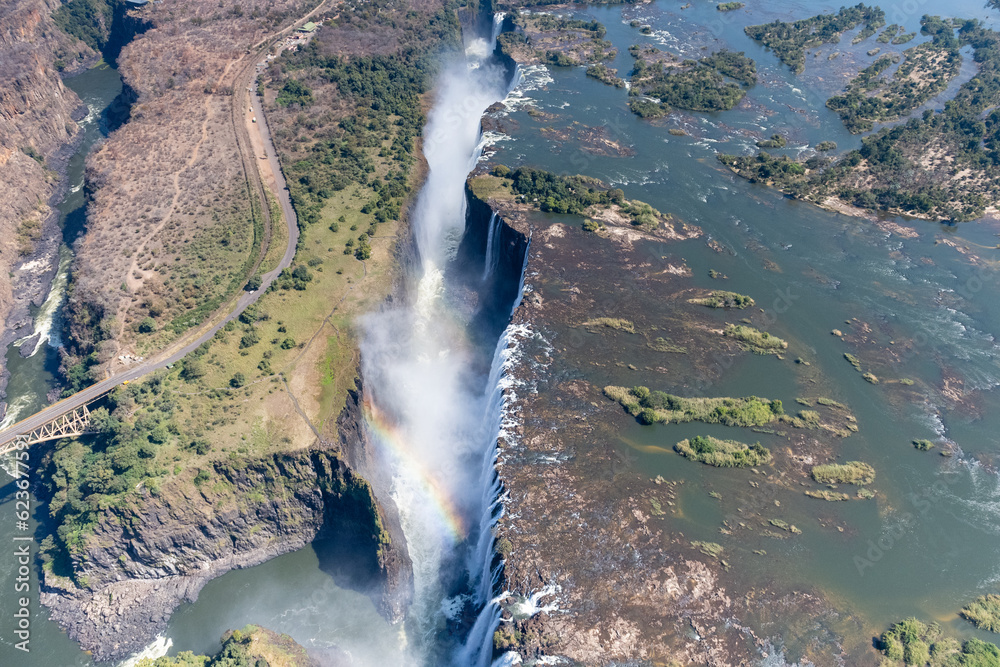 Aerial shot of the Victoria Falls on the Zimbawe Zambia Border.