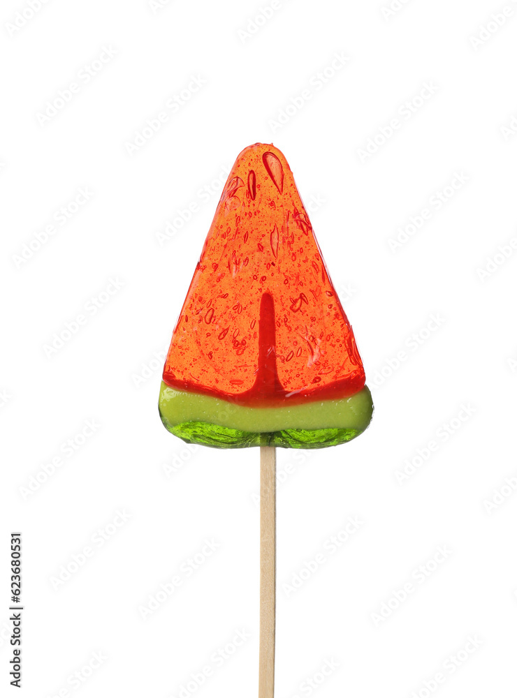 Lollipop in shape of watermelon slice on white background