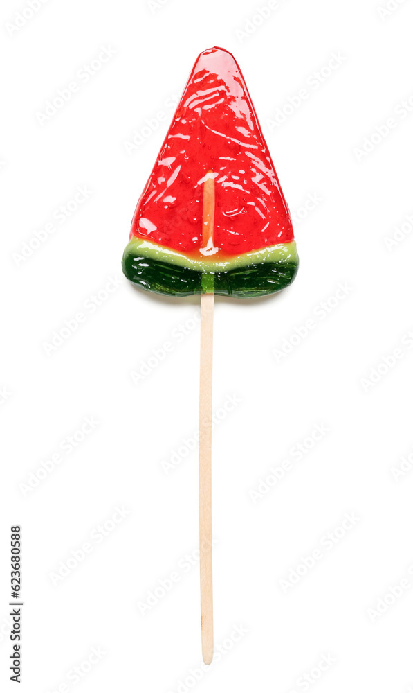 Lollipop in shape of watermelon slice on white background