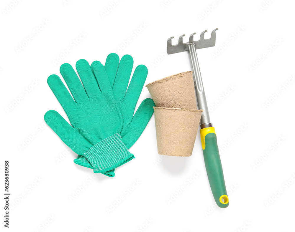 Different gardening tools on white background