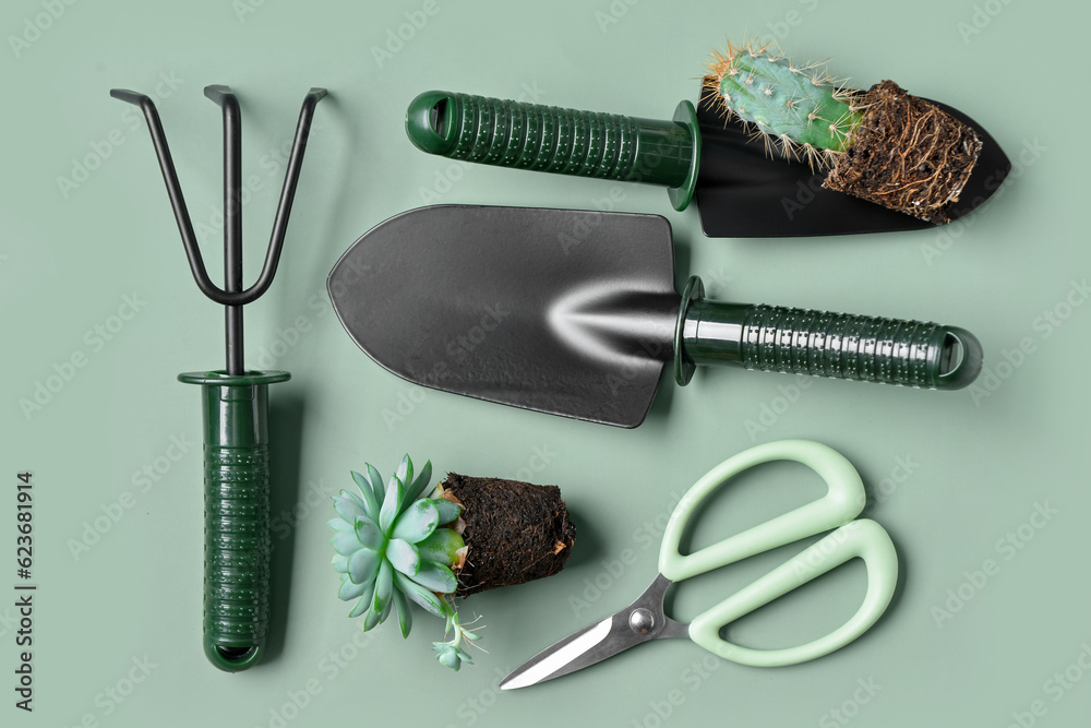 Gardening shovels, rake, scissors and plants on green background on green background