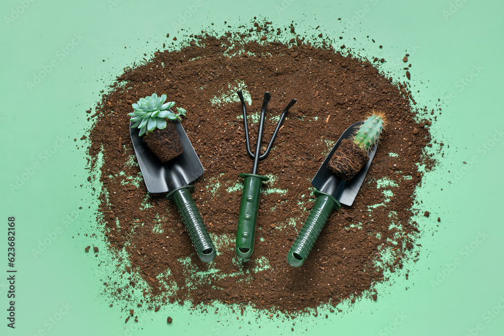 Gardening rake and shovels with plants in soil on green background