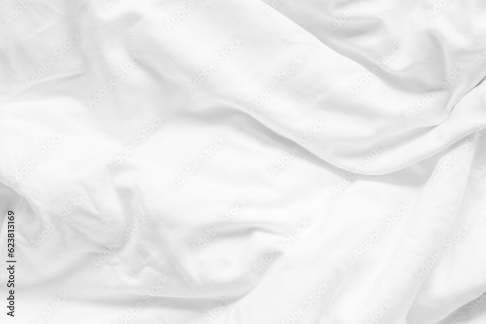 White bed sheet background, wrinkled duvet, crumpled satin blanket comforter cloth used in hotel, re