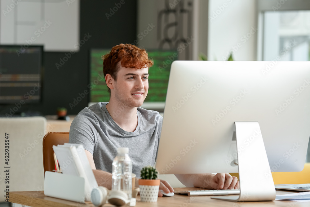 Male programmer working with computer at table in office