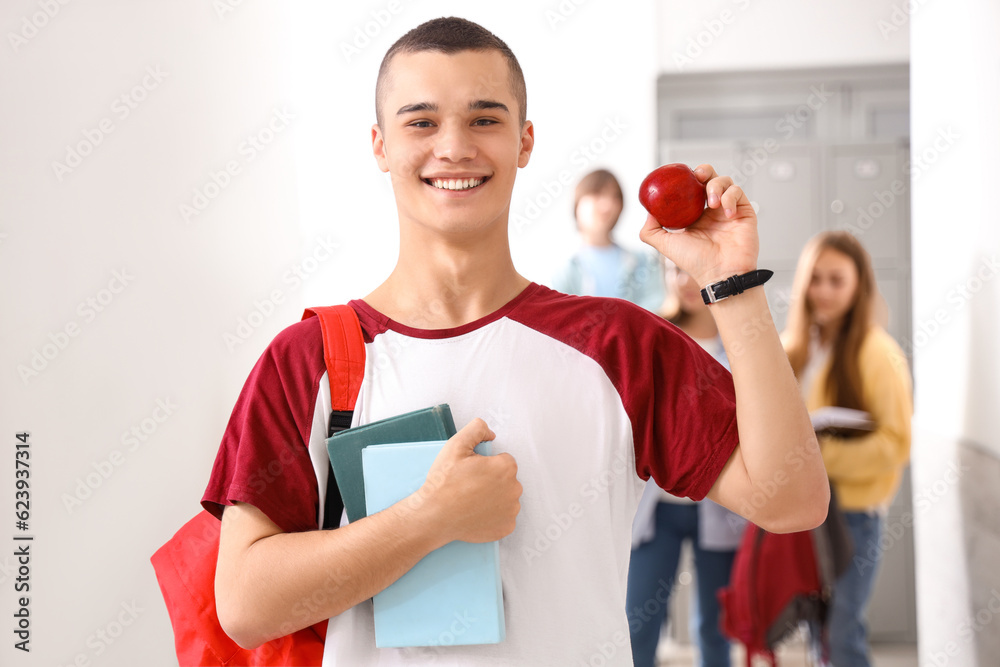 Teenage boy with books at school