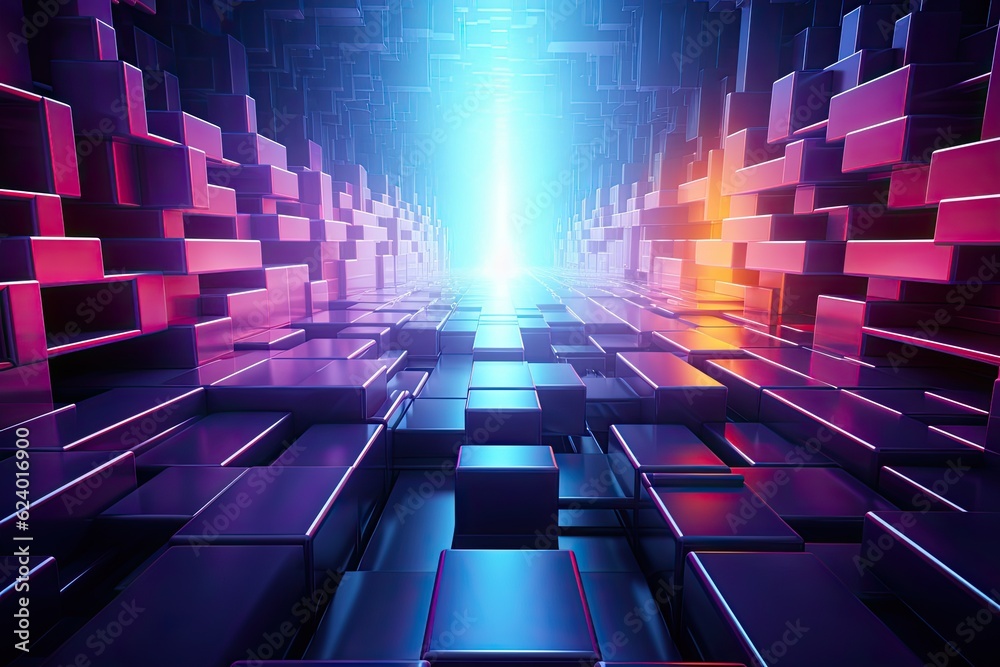 abstract technology background with glowing cubes in blue and pink colors. 3d illustration of abstra