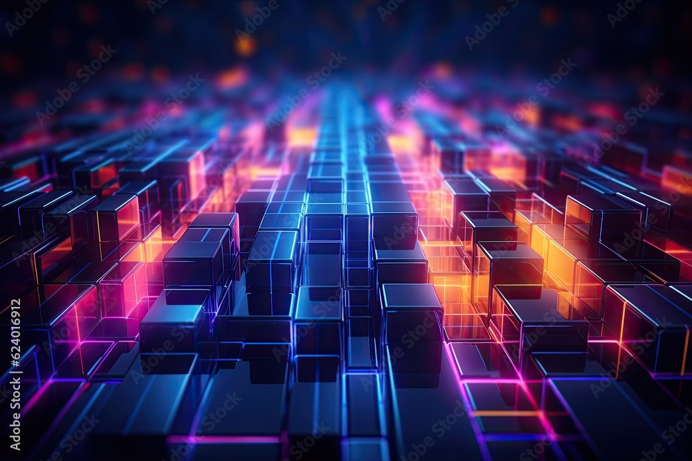 Abstract technology background with glowing cubes. 3D Rendering, 3d illustration of abstract backgro