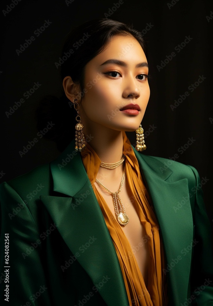 Female model dressed in green necklace, silver necklace around her neck, chain accessory, green suit