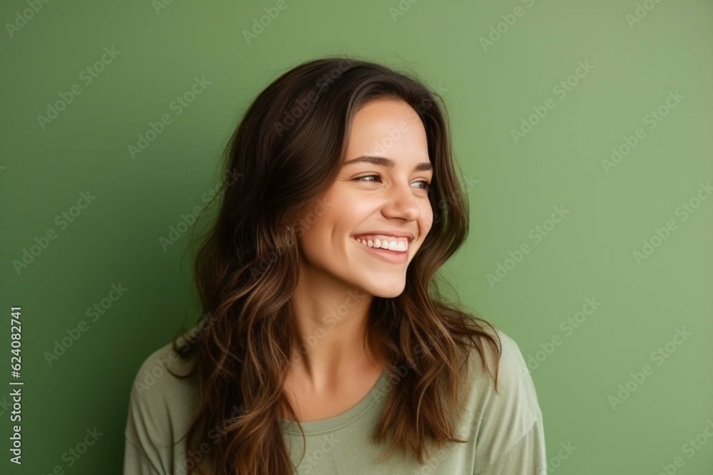 Smiling businesswoman, in front of green background, beautiful dark-haired woman in shirt, profile p