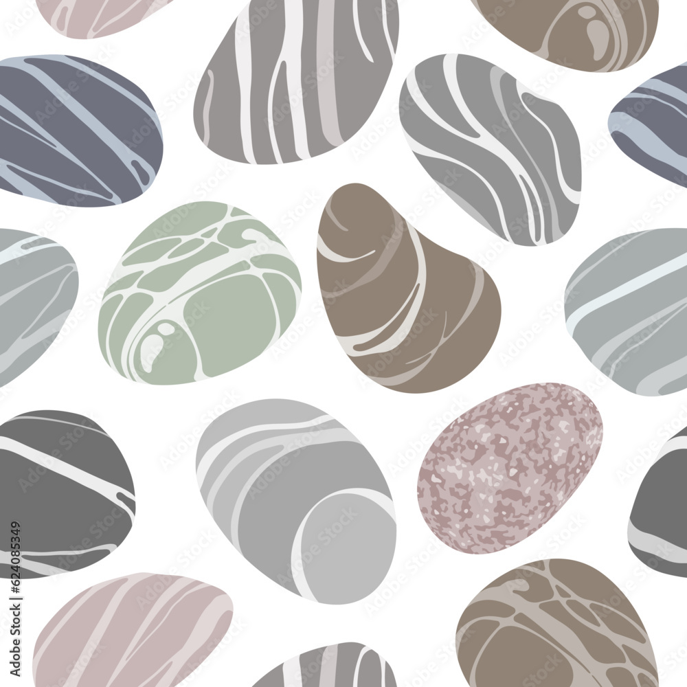 Seamless pattern with beach pebbles or sea stones in various shapes. Different colors and textures, 