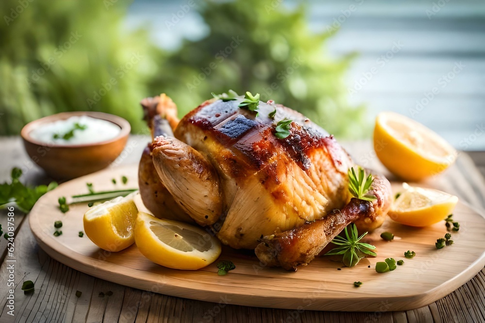 Close-up of roast chicken served on wooden board with different spices. Generative AI  