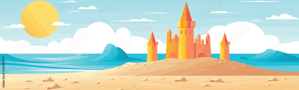 beach landscape with sand castle vector simple 3d isolated illustration