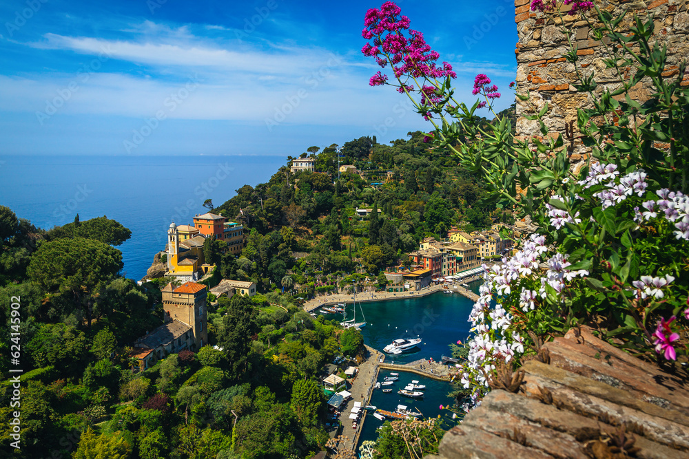 Portofino view from the flowery terrace of castle Brown, Italy