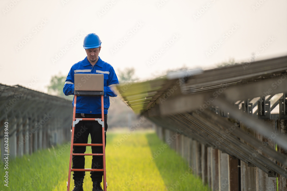 Caucasian engineer working to maintenance of photovoltaic panel system.