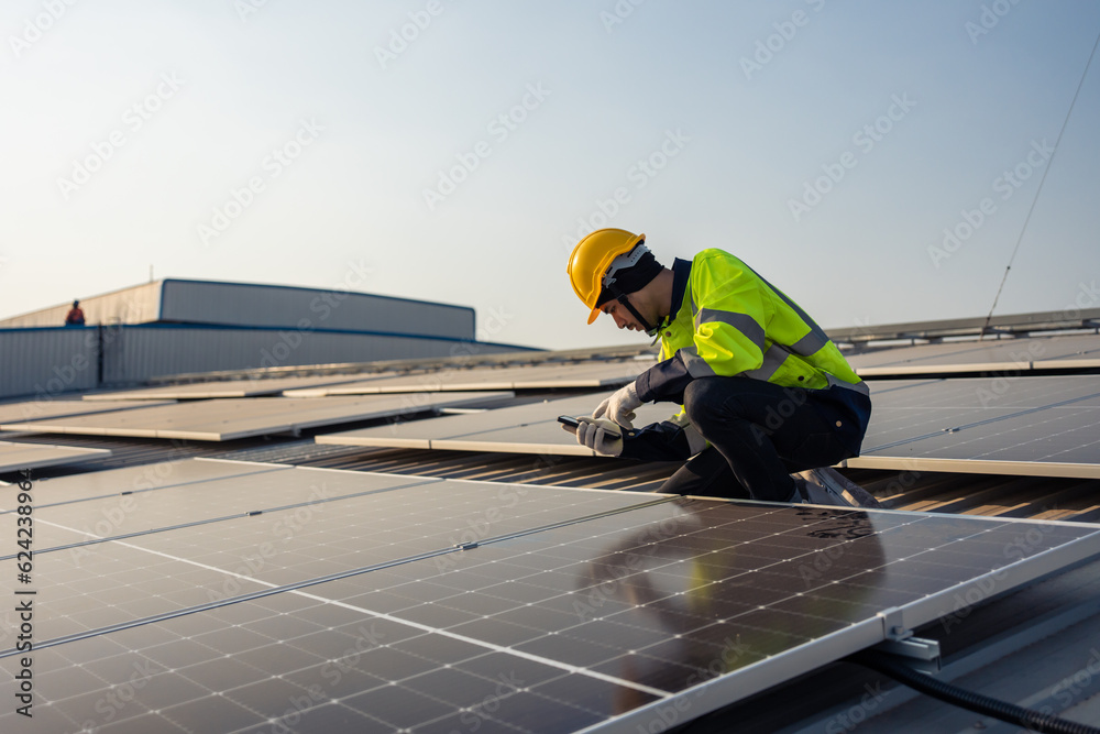 Professional engineer work to maintenance of photovoltaic panel system. 