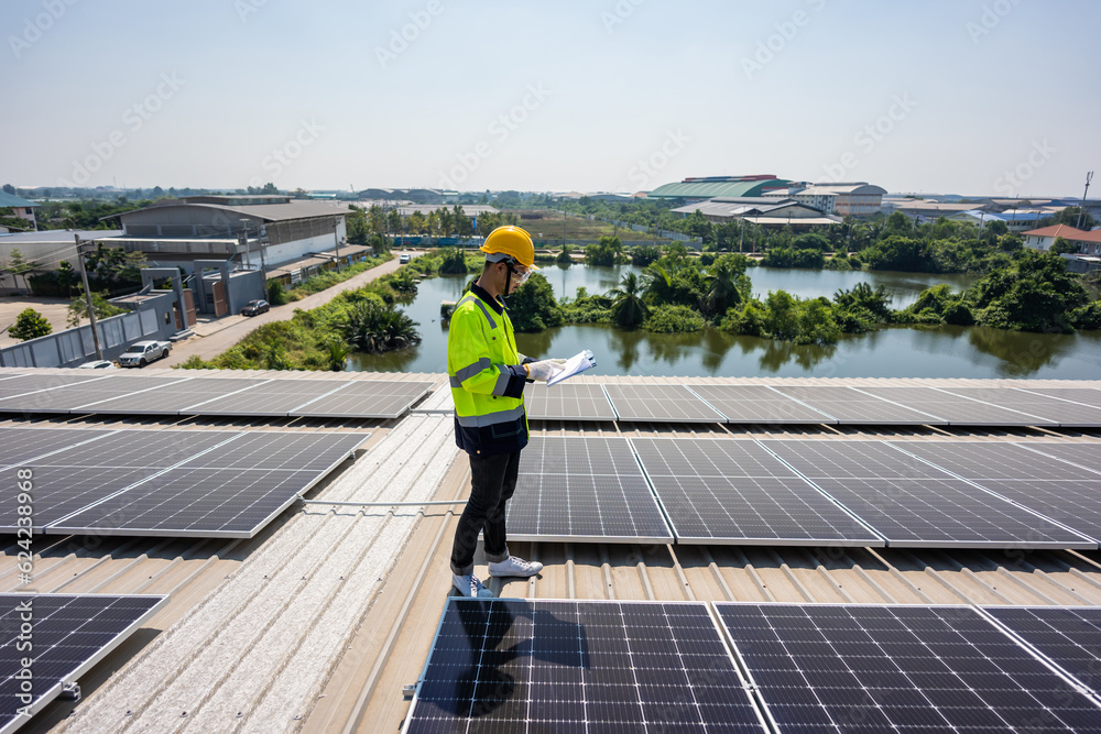 Professional engineer work to maintenance of photovoltaic panel system. 