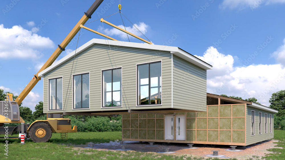 Assembling a modular house exterior. 3d illustration