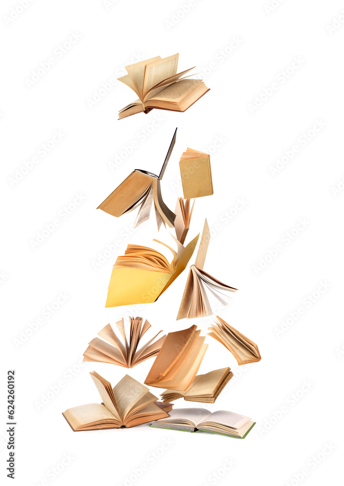 books falling down on a white background