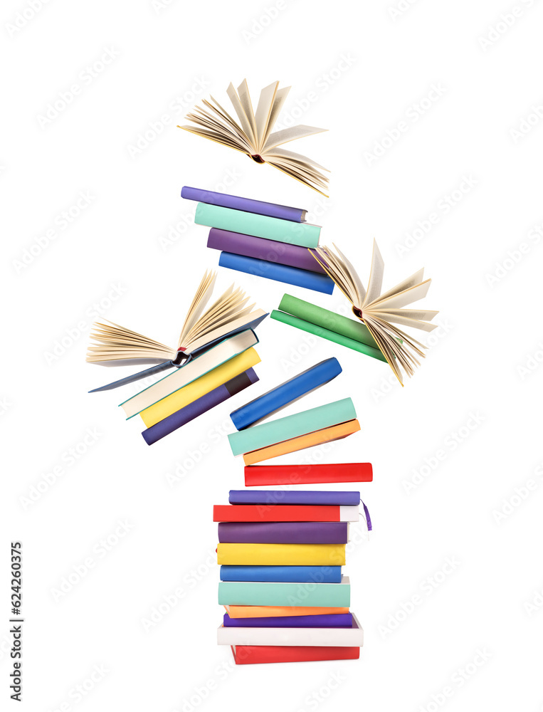 books in flight on white background