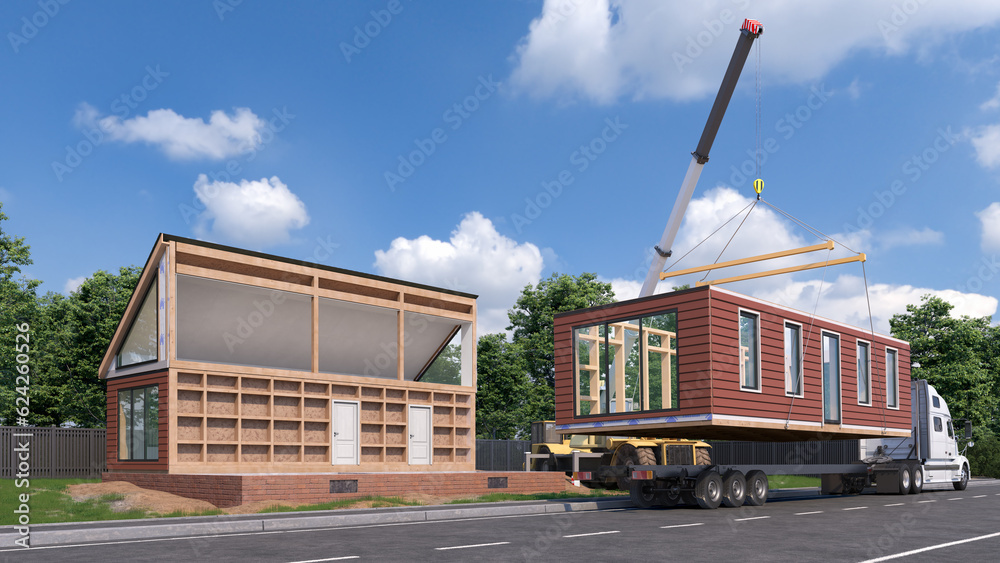 Assembling a modular house exterior. 3d illustration