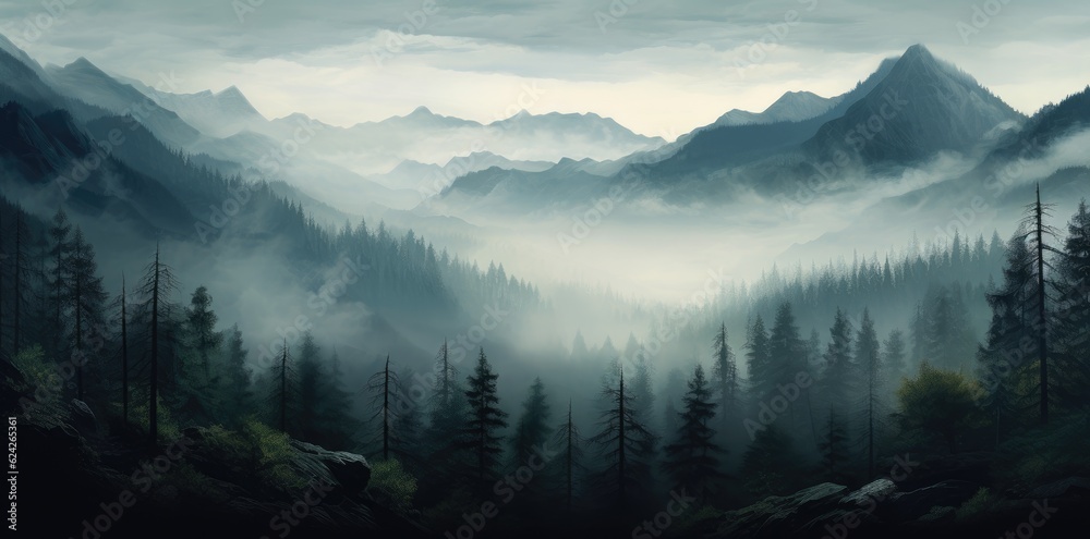 Photo realistic illustration of mountains forest fog morning mystic.