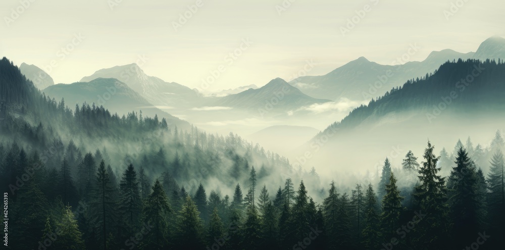 Photo realistic illustration of mountains forest fog morning mystic.