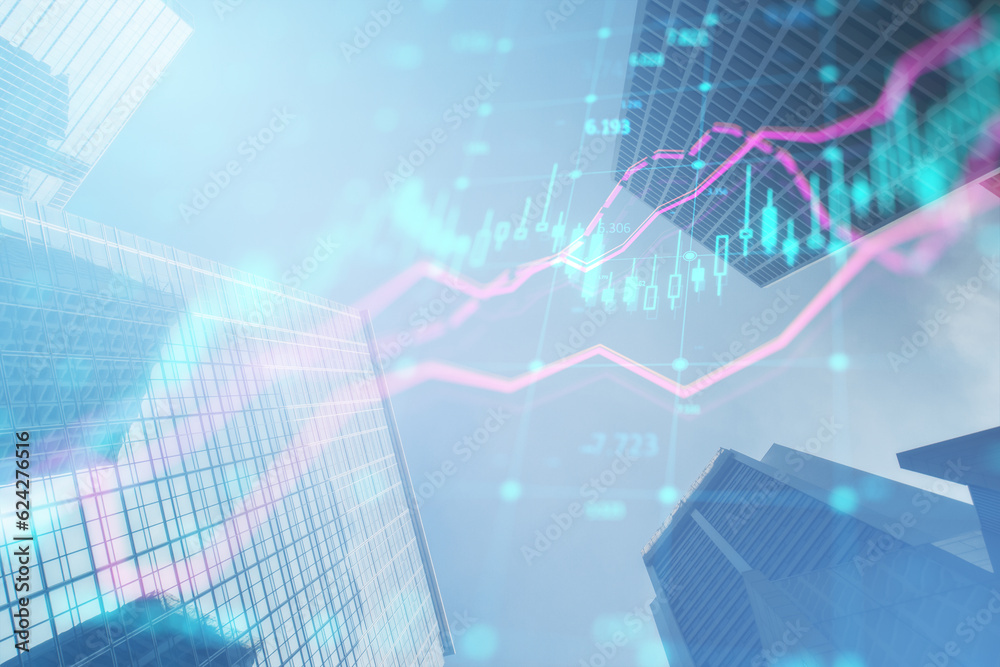 Creative glowing forex index chart with grid on blurry toned city background. Market, finance and on