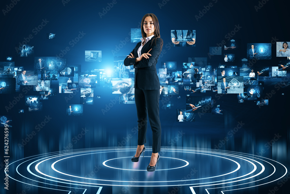 Attractive young european businesswoman standing on abstract teleport with metaverse images on blurr