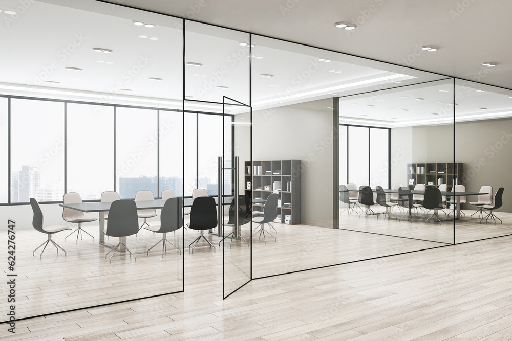 Perspective view from hallway to modern meeting room with glass partition, window with city view and