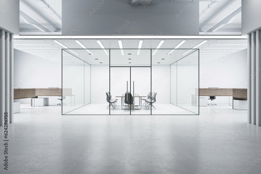 Front view of modern empty office hallway with futuristic design meeting room surrounded by glasses 