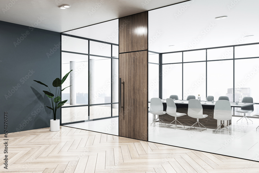 Perspective view of modern office hallway with boardroom with glass wall, panoramic window, wooden f