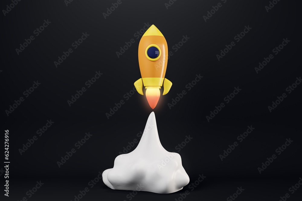 Creative cartoon rocket flying on black background. Start up and new beginning concept. 3D Rendering