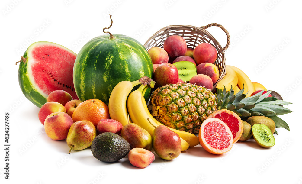 Still life of tropical fruits. Pineapple, watermelon, pears, apples, peaches, grapefruit, kiwi, pear