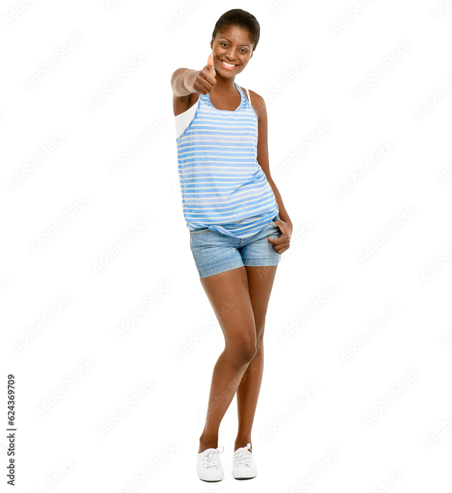 Portrait, thumbs up and motivation with a black woman isolated on a transparent background for suppo