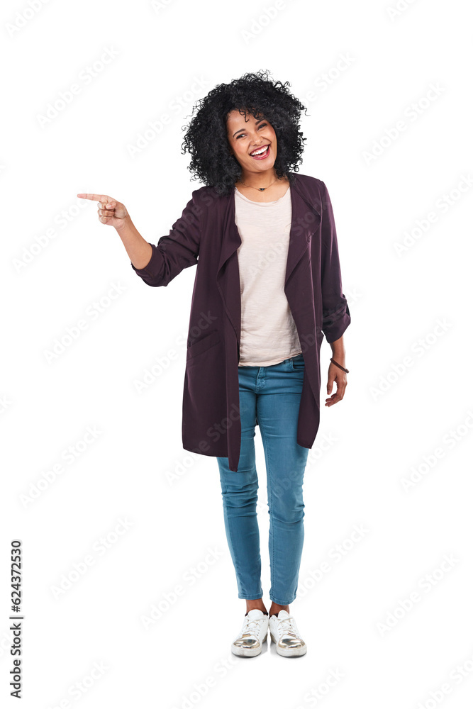 Hand, pointing and portrait of happy woman on isolated, transparent or png background. Finger, decis