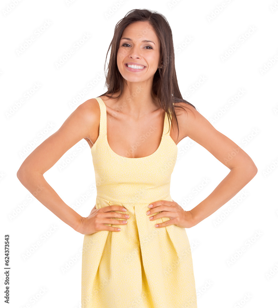 Portrait, fashion and happy with a trendy woman isolated on a transparent background for designer st