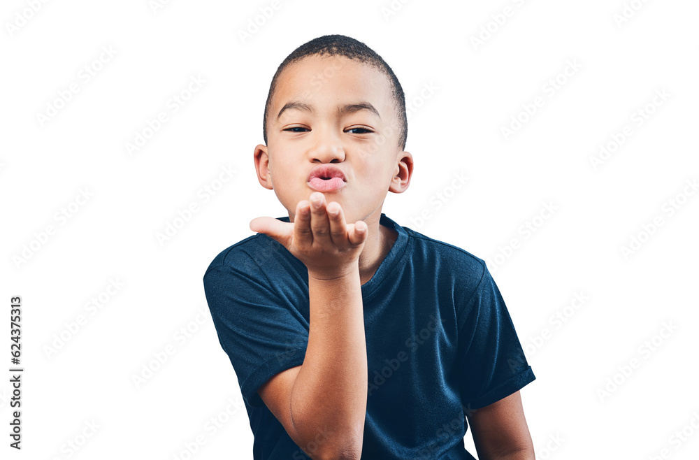 Boy child, blowing air kiss and happy portrait for flirting, motivation or love. Inspiration, hand g