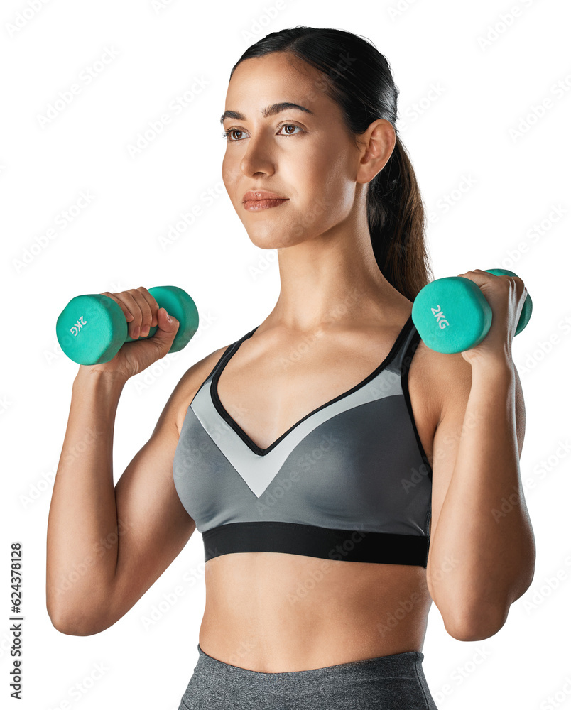 Dumbbells, exercise and woman with fitness, serious and girl isolated against a transparent backgrou