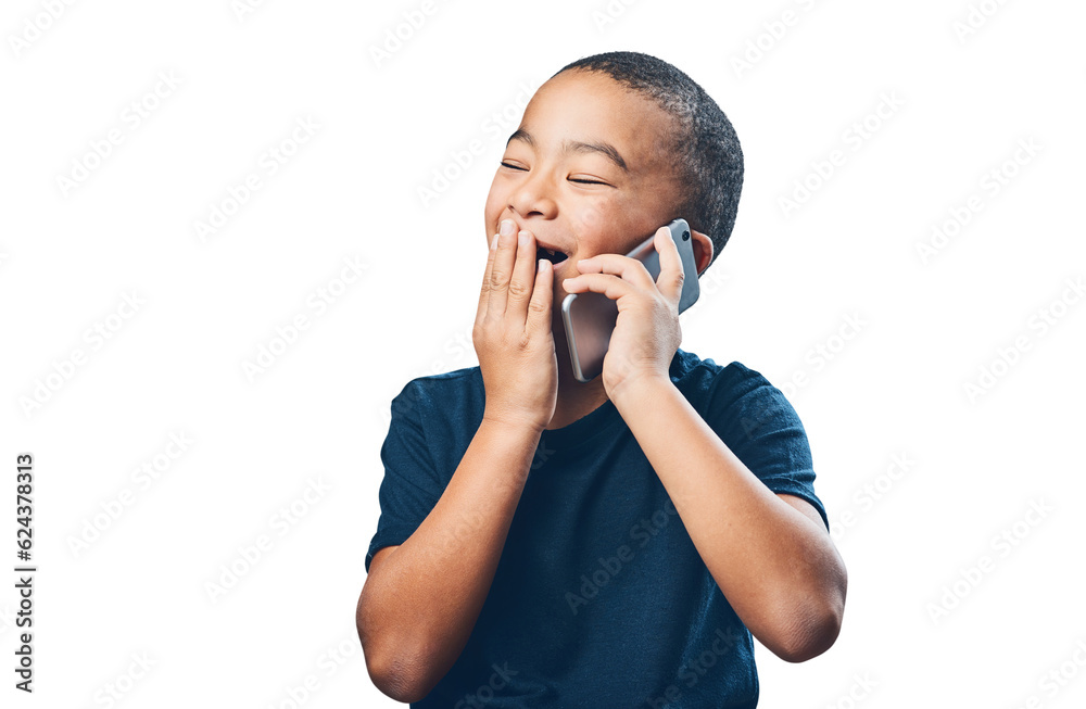 Child, phone call and laughing or talking for communication with network connection. Smartphone, tec