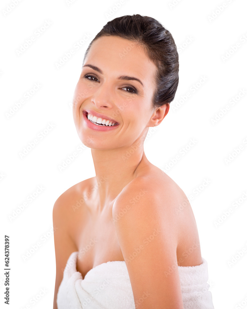 Happy woman in portrait, beauty and skincare, dermatology and natural cosmetics isolated on transpar