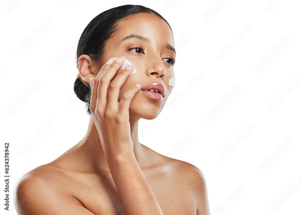 Woman, face cream and relax for skincare beauty cosmetics isolated on a transparent PNG background. 