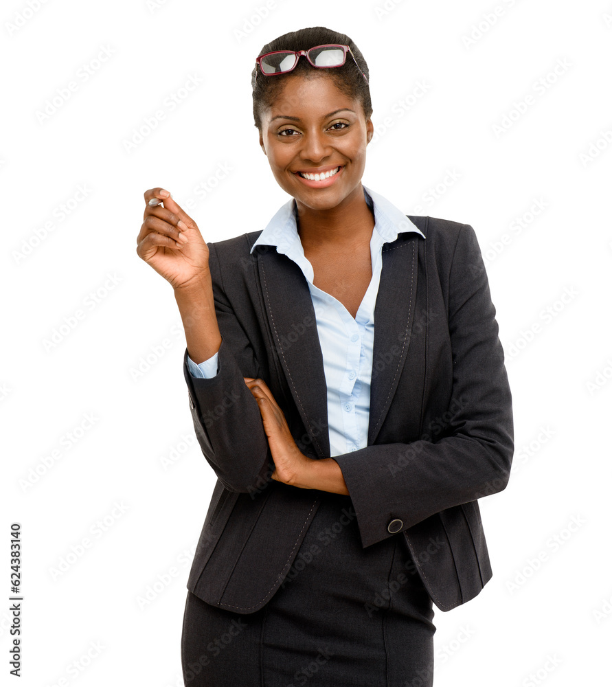 Professional, business and portrait of black woman with pen to sign on png, isolated and transparent