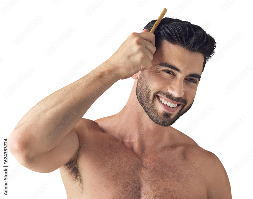 Hair, care and face of happy man with comb isolated on transparent, png background. Barber, cosmetic